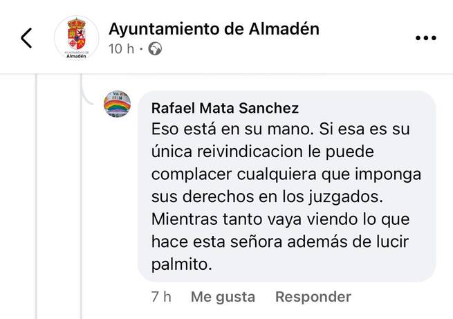 La alcaldesa de Almadén acusa al secretario general local del PSOE de comentarios "profundamente machistas" en redes sociales