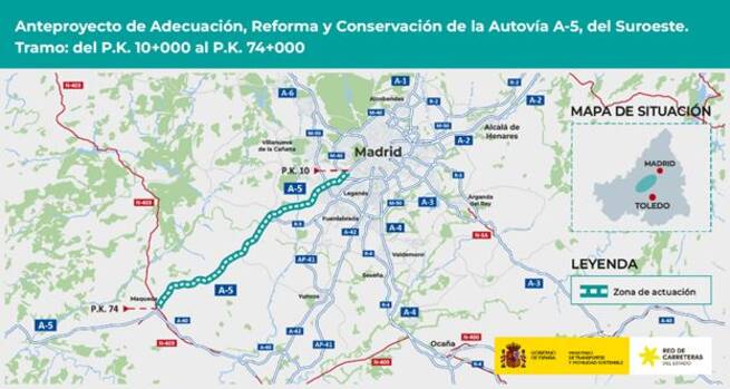 Transportes aprueba 448 millones para ampliar la A-5 entre Madrid y Maqueda con carriles BUS-VAO y medidas ambientales