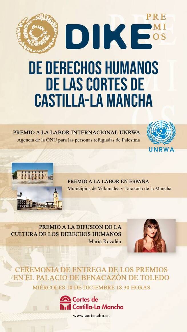 Las Cortes de Castilla-La Mancha entregan sus premios de Derechos Humanos a UNRWA, Rozalén y los municipios de Villamalea y Tarazona