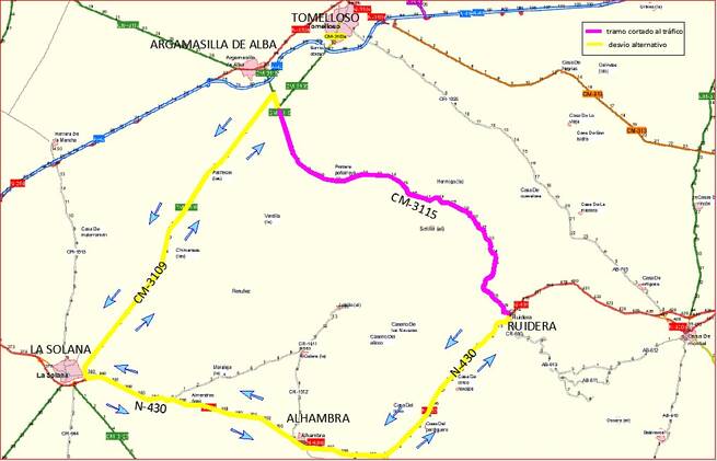 La CM-3115 entre Argamasilla de Alba y Ruidera permanecerá cerrada al tráfico este martes y miércoles por obras