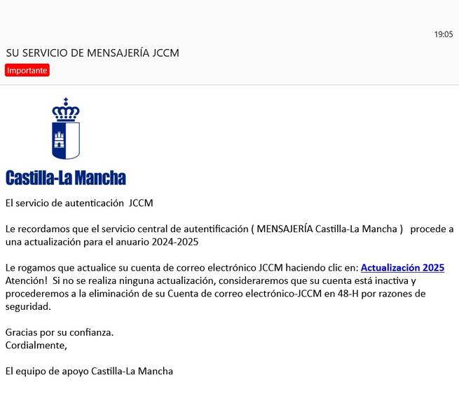 Detectado un email fraudulento que suplanta a la Junta de Comunidades para robar datos personales