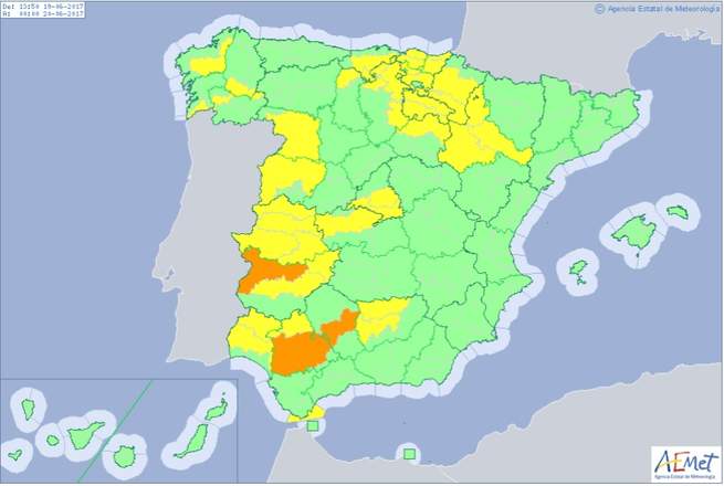 Protección Civil y Emergencias alerta por altas temperaturas en el oeste peninsular y por tormentas en la Cordillera Cantábrica y norte de la Ibérica