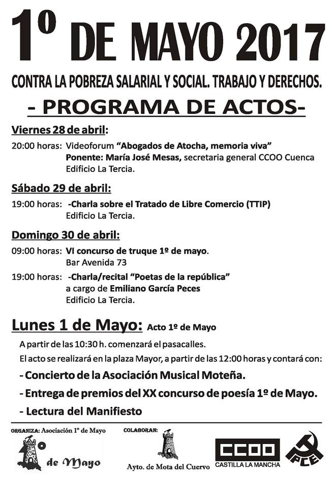 Comienzan los actos para celebrar el 1º de Mayo en Mota del Cuervo con el fallo del XX Concurso de Poesía. Comienzan los actos para celebrar el 1º de Mayo en Mota del Cuervo con el fallo del XX Concurso de Poesía.