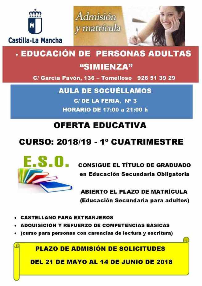 Ya está abierto el plazo de inscripción para el curso de Educación para Personas Adultas 2018-2019 en Socuéllamos, que permite obtener el título de graduado de la ESO