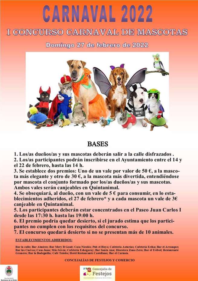 El Ayuntamiento de Quintanar de la Orden convoca el I Concurso de Carnaval de mascotas el domingo 27 de febrero con dos premios para la mascota más elegante y par la más divertida, respectivamente