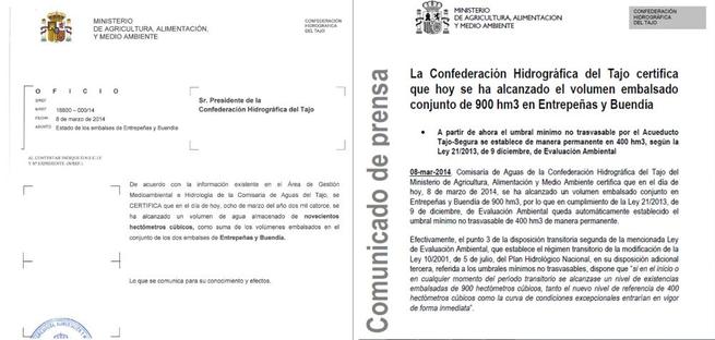 Imagen: De la Cruz confirma que el propio Ministerio reconoció en 2014 que el límite no trasvasable era de 400 hectómetros cúbicos